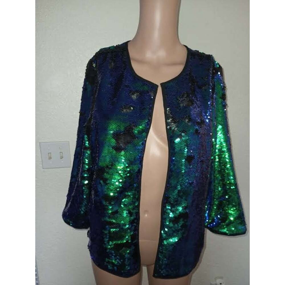 Stella Green Blue Sequin Open Front Jacket Size L W011 - Picture 3 of 9